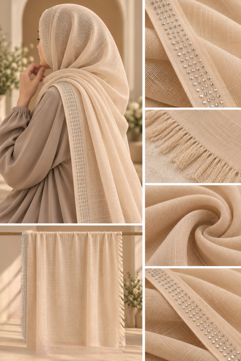 Champagne Beige Rhinestone Hijab